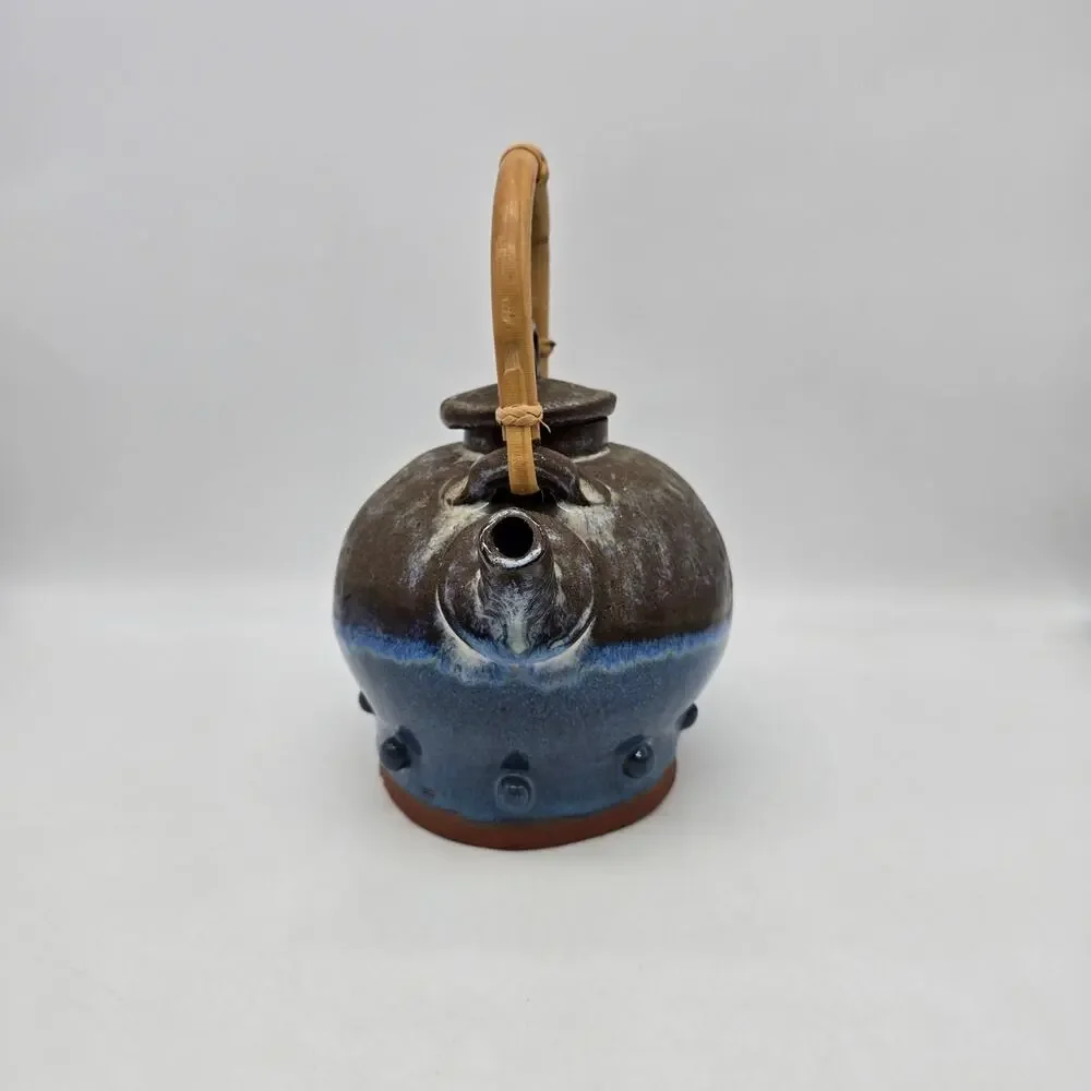 Vintage Hand Thrown Bamboo Handle Teapot Retro Blue and Brown Artist Signed